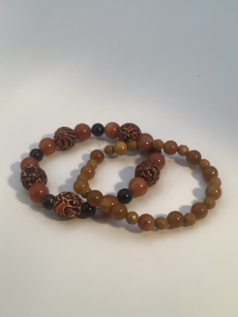 Handcrafted Brown and Amber Beaded Stretch Bracelet Set